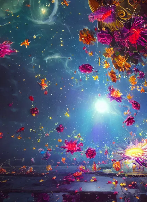 Image similar to An epic fantastic realism comic book style painting of the most beautiful spinning flowers floating into the dark and starry cosmos, exquisite bouquets, fisheye, a star implodes, unreal 5, DAZ, hyperrealistic, octane render, dynamic lighting