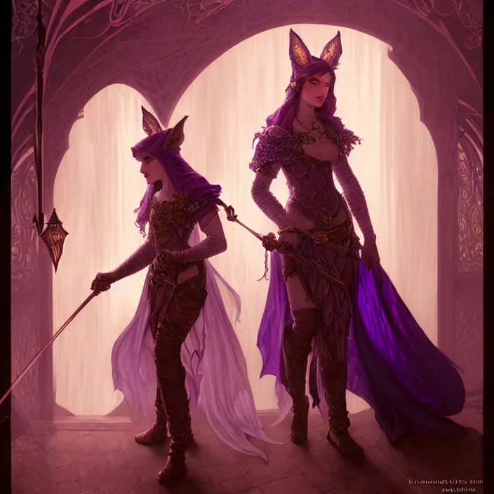 Image similar to veiled d & d bard with her lilac leather armor in a fantasy inn, volumetric lighting, fantasy, intricate, elegant, highly detailed, lifelike, photorealistic, digital painting, artstation, fox ears illustration, concept art, sharp focus, byalbert aublet and krenz cushart and artem demura and alphonse mucha