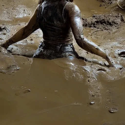 Image similar to film scene lara croft emerges from the river water, her face is covered with mud, part of the body is still in the river