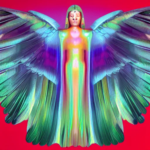 Prompt: very symmetrical 1 9 6 0 s celestial opalescent translucent green cheek conure angel made of mother of pearl gleams like the setting sun!, oil slick, translucent ray tracing extremely high quality intaglio rendered in blender, beautiful long straight hair