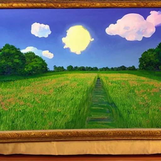 Prompt: empty village runway panorama in the woods with beautiful sky and giant sun, bloom, on, painting by ghibli pixar ghibli disney traditional gouache painting