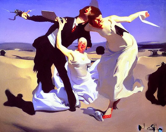 Prompt: witty, surreal, hilarious painting by John Singer Sargent