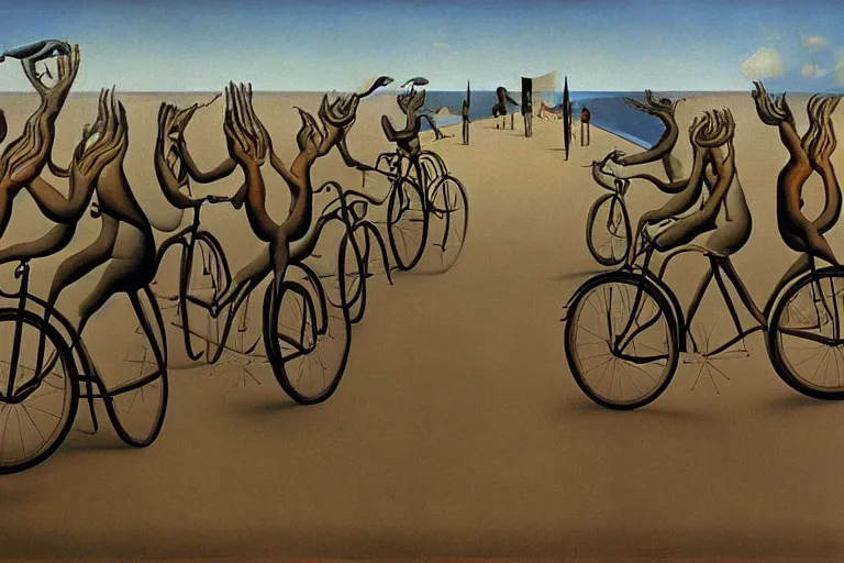 Prompt: a surrealist painting of people riding bikes with baguettes on their heads, Dali, Magritte