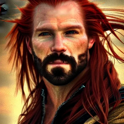 Prompt: portrait of a rugged!!!! male captain with long red hair!!!!!!, upper body, flowing hair, ethereal, handsome, smirk, leather coat, pirate!!!!!!!, ocean, D&D, fantasy, simple clothing!!!!, elegant, highly detailed, digital painting, cinematic lighting, stunning lighting, sensual, deviantart, artstation, concept art, sharp focus, illustration, art by Artgerm and Greg Rutkowski and Alphonse Mucha