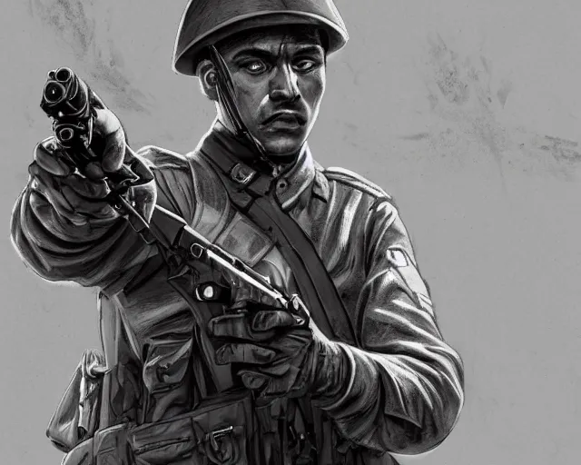 Image similar to A soldier aiming a gun, indifferent face, world war 1, close-up, realistic face, beautiful face detail, mature facial features, black and white, amazing digital art, hyper detailed, artstation, in the style of Tony Sart