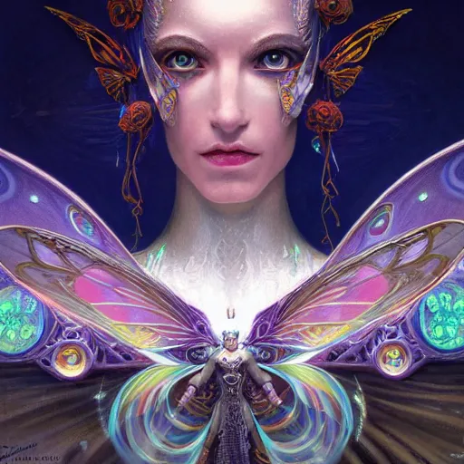 Image similar to beautiful closeup portrait of an art moderne android fairy queen, glowing eyes. reflective detailed textures, moth wings, highly detailed dark fantasy science fiction painting by donato giancola and peter mohrbacher and nicholas roerich, elaborate geometric ornament, ancient runes, silver and cool colors. artstation