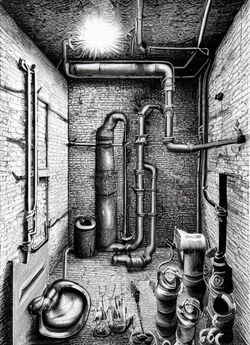 Prompt: 19th century boiler room, brick basement, furnace room, boiler stove, pipes, ducting, wires, dolls heads, drawing by Laurie Lipton