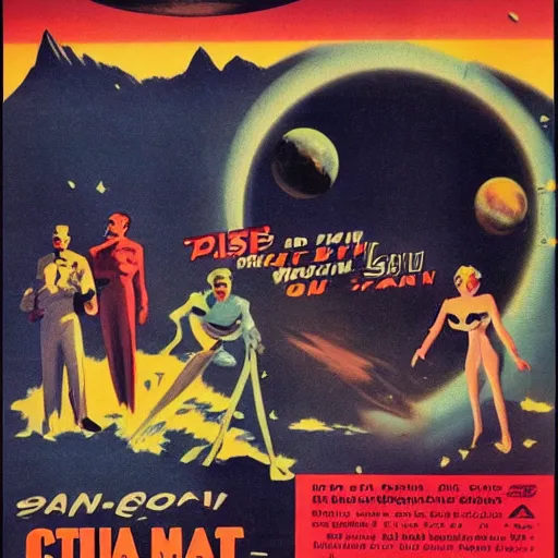 Prompt: 1 9 5 0 s style sci - fi poster of a party in a colony on the saturn moon titan