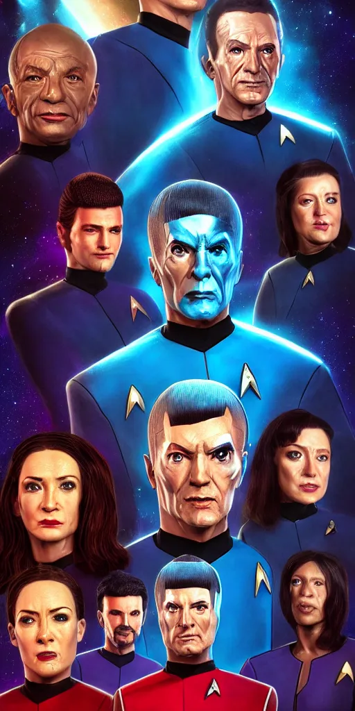 Image similar to Star Trek TNG crew portrait photo, Cyberpunk 2049, highly detailed, pop art poster, vector art, Unreal engine, Octane render, Weta digital, HDRP, RTX, volumetric lighting