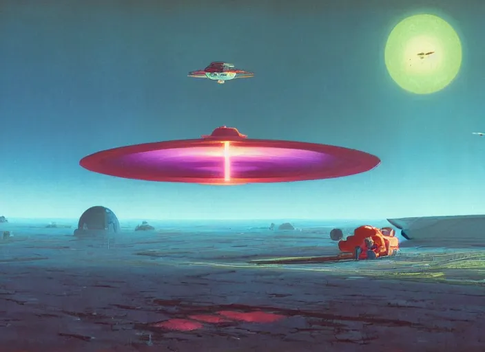 Prompt: a brightly - coloured spacecraft in an empty landscape by martin deschambault, dean ellis, peter elson, josan gonzalez, david a hardy, john harris, wadim kashin, angus mckie, bruce pennington, sci - fi art