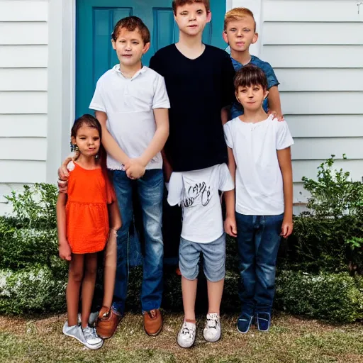 Prompt: one girl and three boys stand together. they are siblings. a white housewall is in the beackground