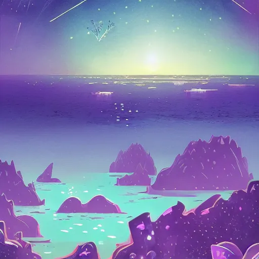 Prompt: sea under starry sky with reefs, light purple tones, animated film, stylised, illustration,, fantasy art, 2 d game art, by eyvind earle, scott wills, genndy tartakovski, roman shipunov, etienne hebinger, atey ghailan, cgsociety, cynical realism