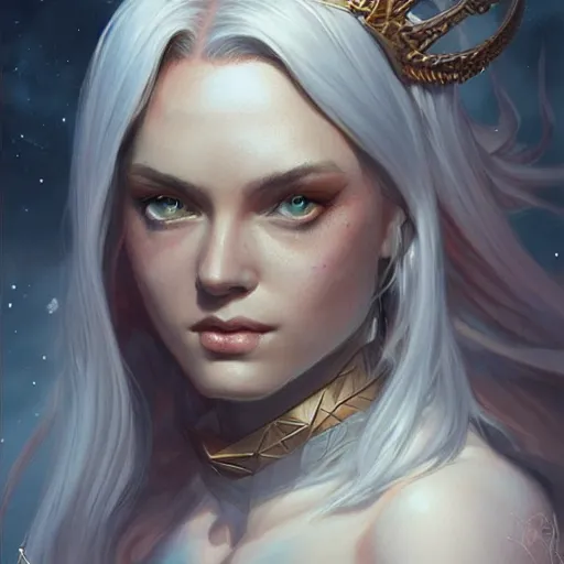 Image similar to star goddess, d & d, fantasy, portrait, highly detailed, digital painting, trending on artstation, concept art, sharp focus, illustration, art by artgerm and greg rutkowski and magali villeneuve