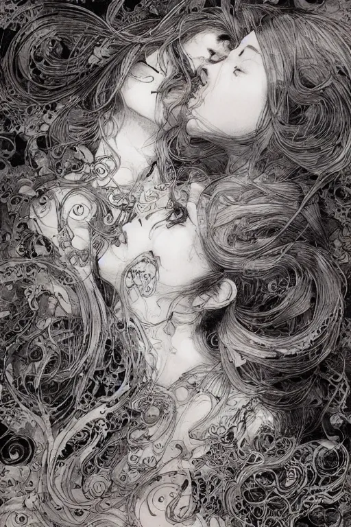 Prompt: Her kiss made music my lips couldn't wait to taste , pen and ink, intricate line drawings, by Yoshitaka Amano, Ruan Jia, Kentaro Miura, Artgerm, watercolor