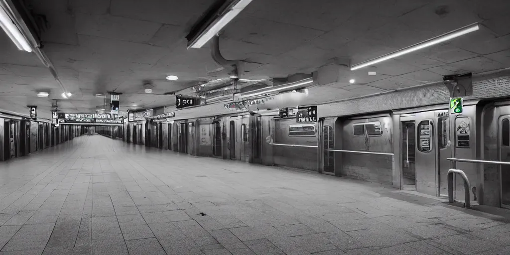 Prompt: empty subway station at night lit up by fluorescent, led and neon lights, night photography