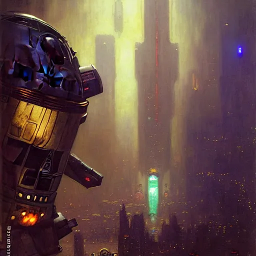 Image similar to portrait r 2 d 2. spaceship futuristic city. shadowrun cyberpunk fantasy d & d painting by gaston bussiere craig mullins jc leyendecker gustav klimt artgerm greg rutkowski john berkey, bergey, craig mullins, ruan jia, raymond swanland, tom lovell