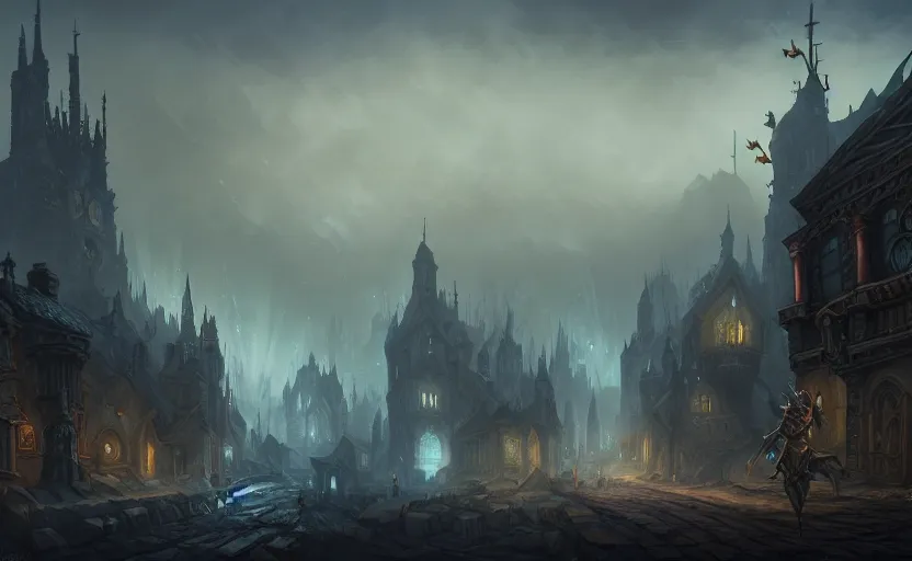 Image similar to extreme long shot concept art depicted old english majestic town, dramatic mood, overcast mood, dark fantasy environment, dieselpunk, art from legends of runeterra, art from league of legends, art from arcane, trending on artstation, unreal engine, golden ratio, spectacular composition