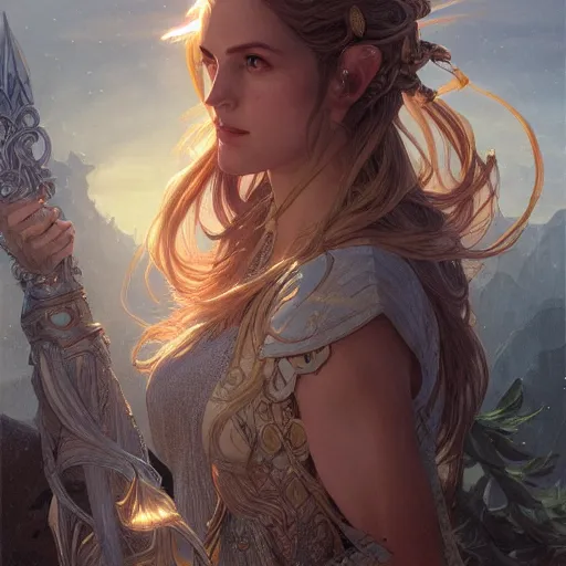 Prompt: full portrait of a beautiful high elf , D&D, fantasy, intricate, cinematic lighting, highly detailed, digital painting, artstation, concept art, smooth, sharp focus, illustration, art by Terry Moore and Greg Rutkowski and Alphonse Mucha