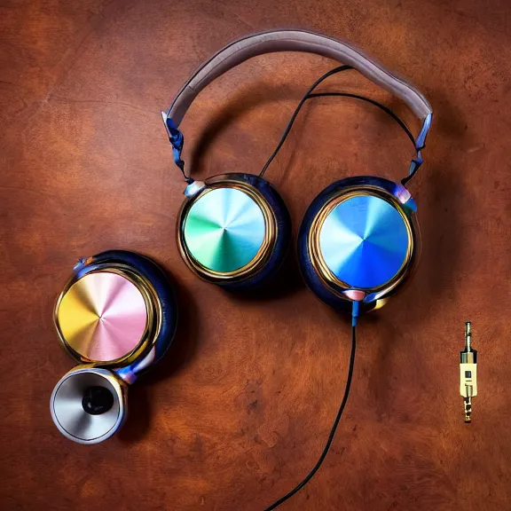 Image similar to masterpiece photo of beautiful crafted artistic bismuth metal headphones, bismuth rainbow metal, bismuth cups, leather padding, displayed on mahogany desk, modernist headphones, bismuth headphones beautiful well designed, hyperrealistic, audiophile, intricate hyper detail, extreme high quality, photographic, meze audio, sennheiser, hifiman, artstation