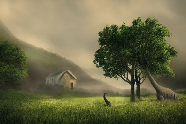 Prompt: small cottage, brachiosaurus roaming, on a grassy landscape, trees, far away, foggy, photorealistic, beautiful, elegant