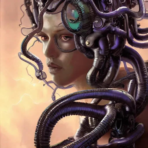 Image similar to medusa as a cybernetic being by raymond swanland, highly detailed, bright tones