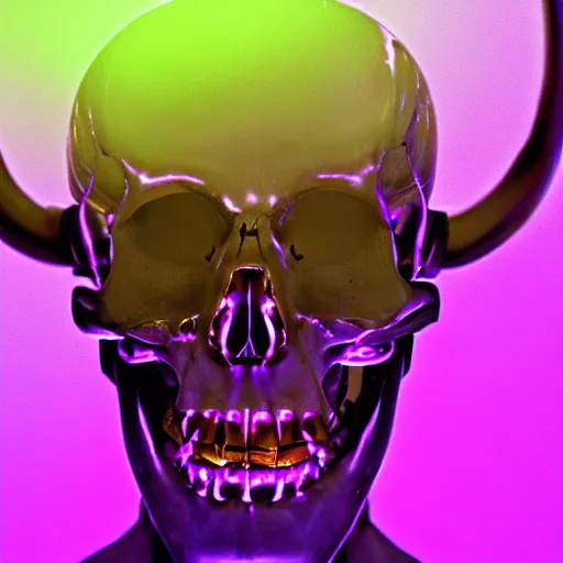 Image similar to cybernetic human scull with with horns , blue neon light and smoke and purple lighting