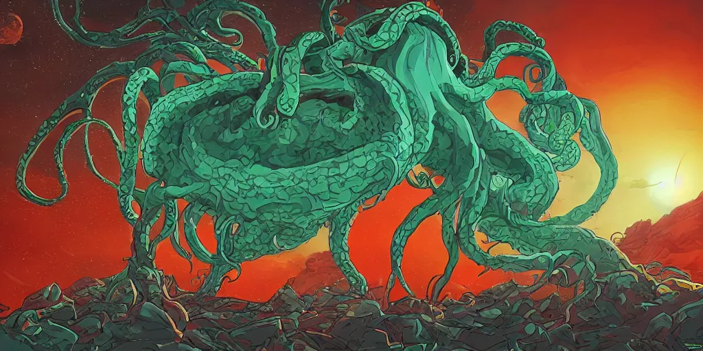 Image similar to giant <Cthulhu> tentacles silhouetted lunar surface crushing attacking red spaceship, bomber, photorealistic, wide-angle, long shot, epic, space, lunar photo backdrop on film