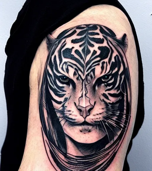 Image similar to tattoo design on white background of a beautiful girl warrior below a tiger head, hyper realistic, realism tattoo, by eliot kohek, beautiful eyes, realistic face, black and white