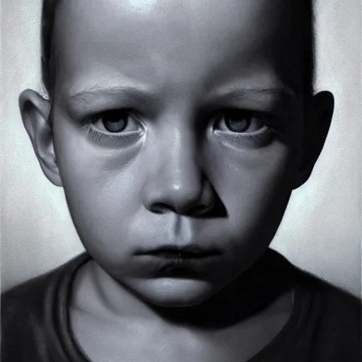 Image similar to high quality high detail portrait by gottfried helnwein, hd, intense unsettling look in the eyes, photorealistic lighting