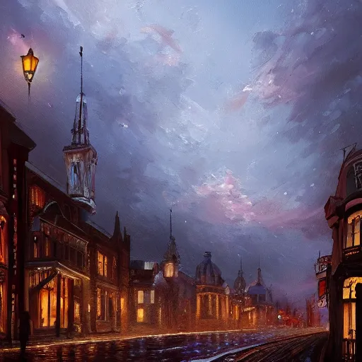 Prompt: A beautiful painting of Victorian city autumn night, hyperrealistic, artstation, detailed, cinematic lighting, concept art, photorealistic