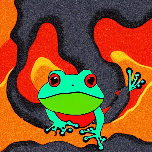 Image similar to frog screaming at an ocean of lava split in two