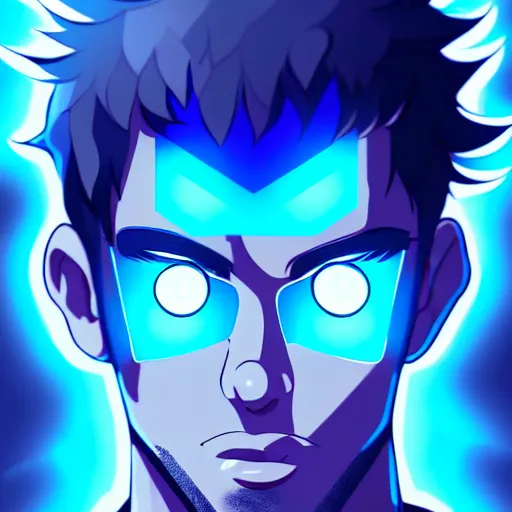 Image similar to a highly detailed portrait of a man with navy blue hair and blue glowing eyes, summoning blue transparent cubes, high detail clothing, concept art, anime, artstation, professional drawing