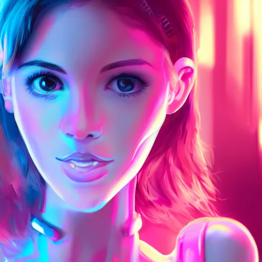 Image similar to portrait of a cute young woman with robot ears and eyes, 4k, sharp focus, neon colored fluorescent lighting, jordan grimmer