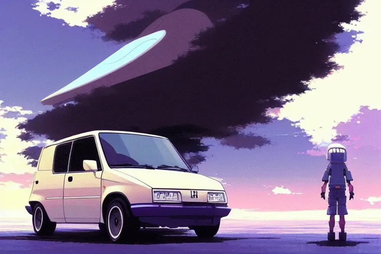 Image similar to honda e kei van, painted by greg rutkowski makoto shinkai takashi takeuchi studio ghibli, akihiko yoshida 2 0 0 1 space odyssey