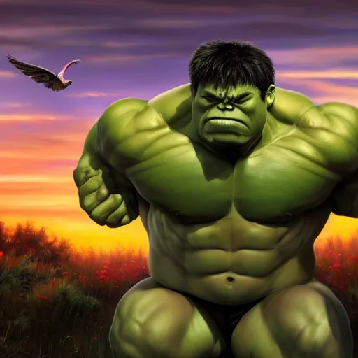 Prompt: a baby hulk with wings, flapping its wings flying in sunset sky, oil on canvas, portrait, intricate, 8k highly professionally detailed, HDR, CGsociety