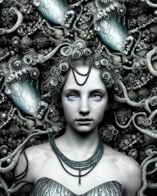 Image similar to surreal mythical dreamy underwater artistic bw photo of a beautiful young female angelic - medusa - cyborg covered with fish scales and algae, highly detailed, intricate crystal ivy jelly fish scales ornate, poetic, octane render, 8 k, photo - realistic, in the style of gustave dore and preraphaelites