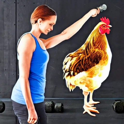 Image similar to a chicken lifting weights