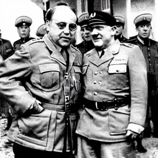 Image similar to 1942 photograph of Danny DeVito in a Nazi officer's uniform standing next to Adolf Hitler