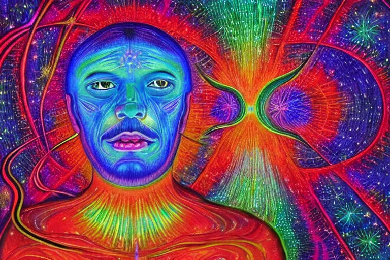 Image similar to digital art of a spiritual man looking up at the stars, glowing light, acrylic art, universe, painting, pastel colors, alex grey,