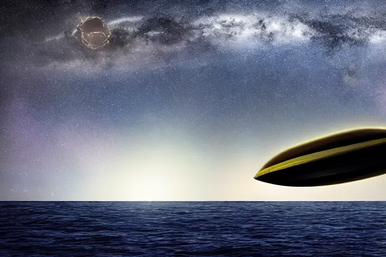 Prompt: enormous spaceship crashing into the sea at night