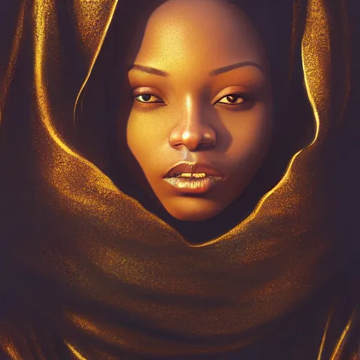 Image similar to a portrait of a young black woman wearing a long dark cloak, hood and shadows covering face, holding golden jewelry, oil painting, matte painting, black background, Volumetric Golden dappled dynamic lighting, Highly Detailed, Cinematic Lighting, Unreal Engine, 8k, HD, by Beksinski