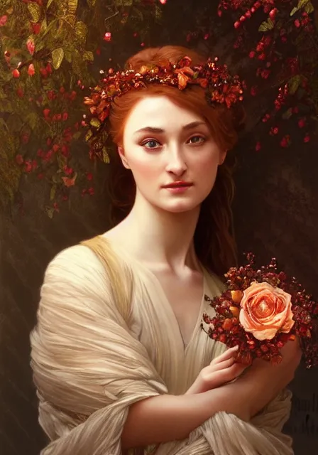 Image similar to portrait of sansa stark gold lights autumn berries roses, intricate, elegant, highly detailed, digital painting, artstation, concept art, smooth, sharp focus, illustration, art by artgerm and greg rutkowski and alphonse mucha and william - adolphe bouguereau