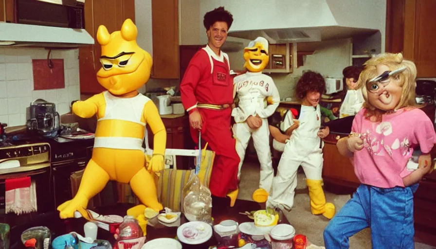 Image similar to 1 9 9 0 s candid 3 5 mm photo of a beautiful day in the family kitchen, cinematic lighting, cinematic look, golden hour, an absurd costumed mascot from the jimbles the super pony showing the kids how to build time machine, the kids are hungry but jimbles is showing them how to make a time machine to time travel, uhd