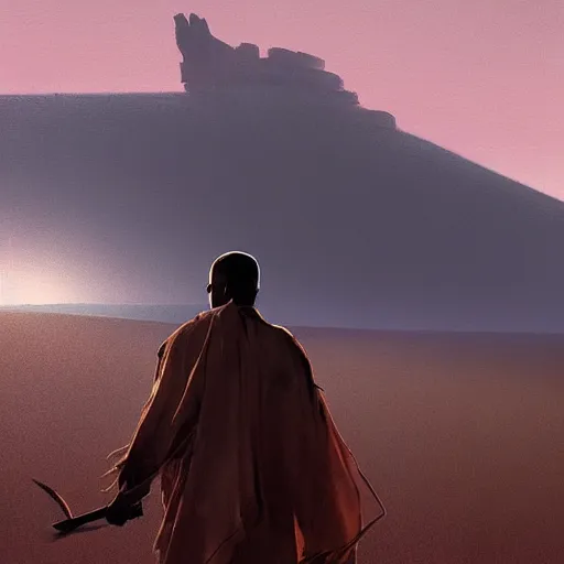 Image similar to kayne west traveling through the desert, painting by Greg Rutkowski, at dawn