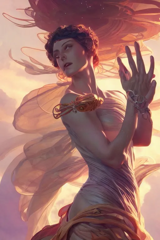 Prompt: goddess of space and time, accurate anatomy, only two hands, highly detailed, digital painting, artstation, concept art, smooth, sharp focus, illustration, Unreal Engine 5, 8K, art by Ross Tran and greg rutkowski and alphonse Mucha