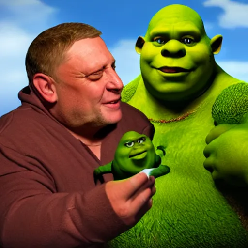 Prompt: Shaun Ryder taking a selfie with Shrek in real lifeRealistic, HD Quality, 8k Resolution, Digital Art, Trending on Artstation
