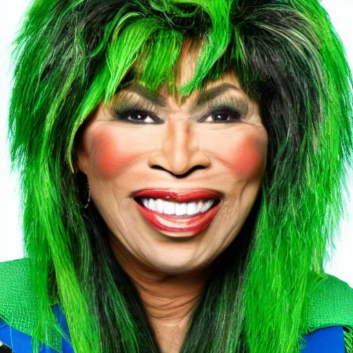 Image similar to tina turner portrait, green turnip hair leaves, colored, dslr, photoshoot