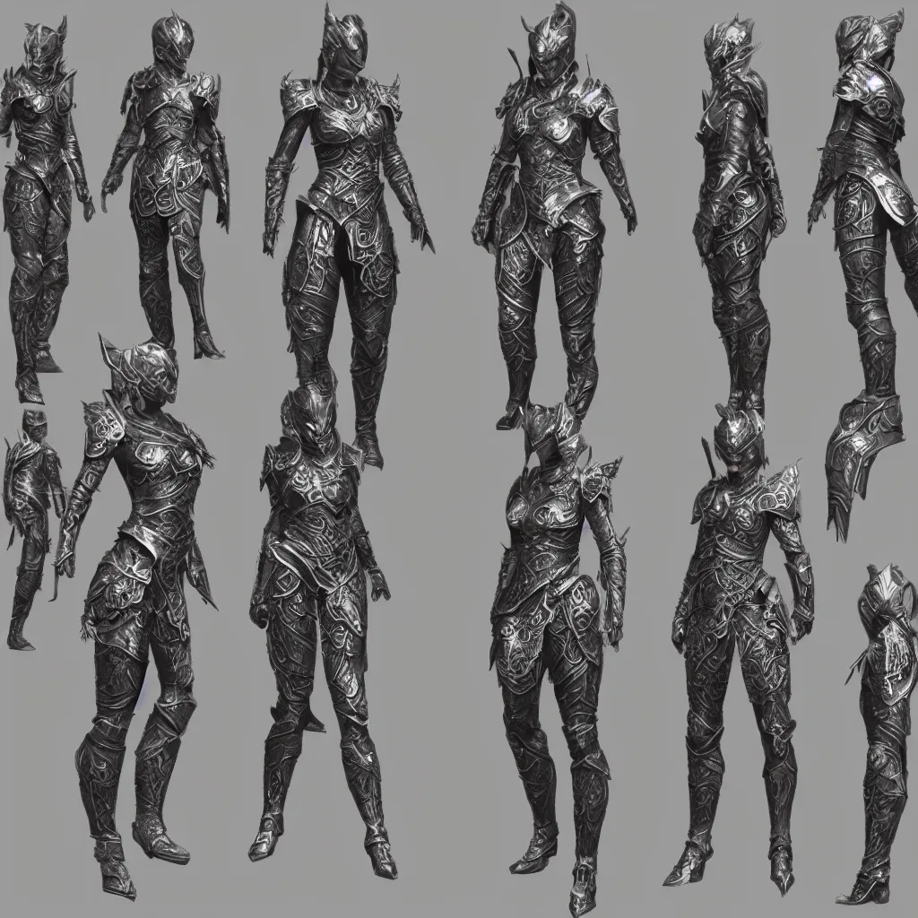 Prompt: concept layout of 3 d rendered full suit of decorative female armor, filigree, lord of the rings, elder scrolls, detailed, art station, unreal engine