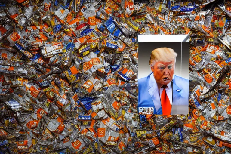 Prompt: award winning photo of Donald Trump, wearing an orange jumpsuit, behind prison bars, surrounded by used McDonald's wrappers, dramatic, hd, 4k, 35mm, f/22