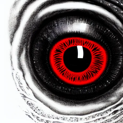 Image similar to a detailed extremely close up of inside the iris, cornea, red image, microscopic, extremely close up drawing by junji ito, cgsociety, generative art, lovecraftian, parallax, cosmic horror, extremely detailed, hyperrealism, unreal engine, octane render, award winning, masterpiece, highly detailed, realistic, 4 k, digital